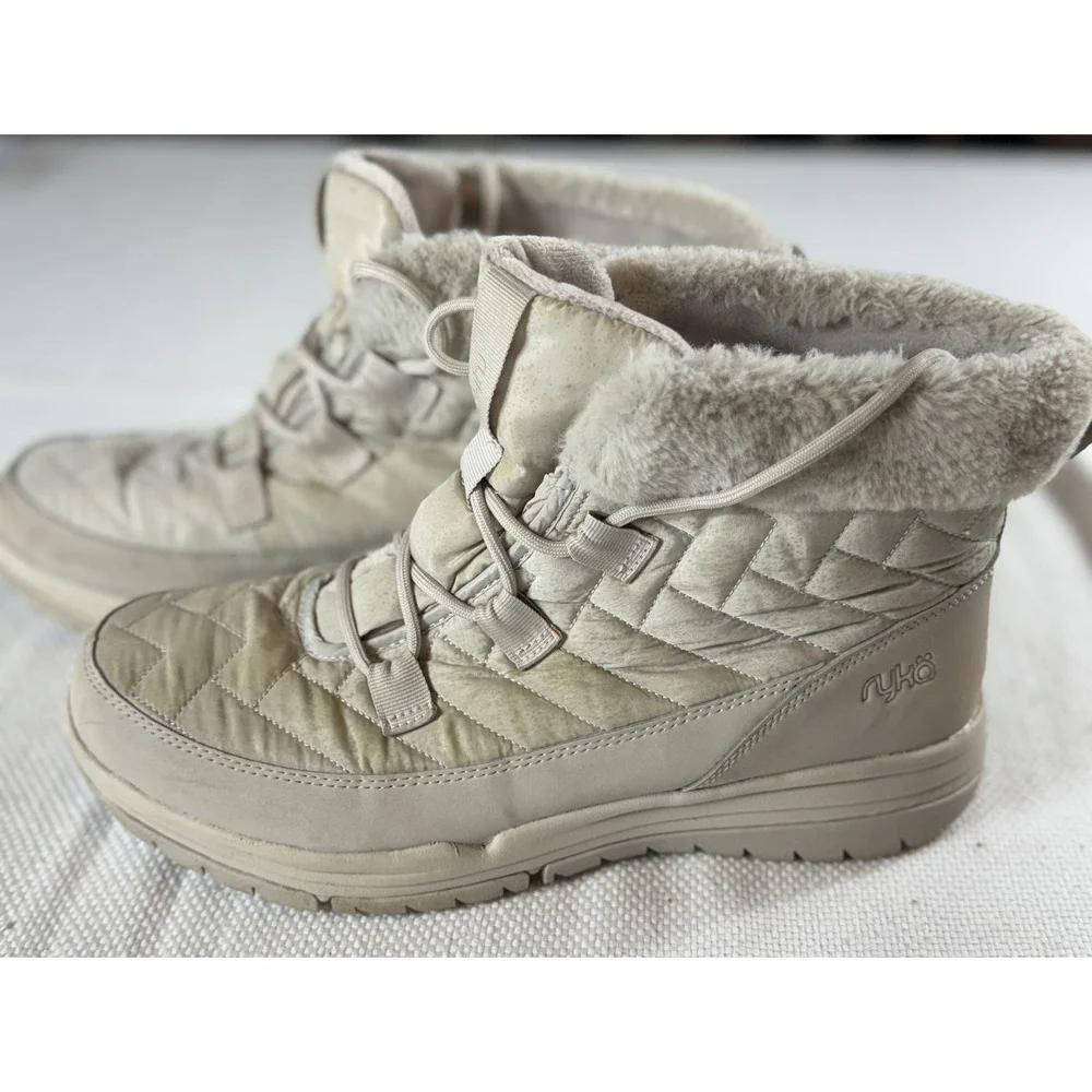 Ryka Aubonne Lace Shoes Womens Size 10M Beige Faux Fur Quilted Winter Boots Warm